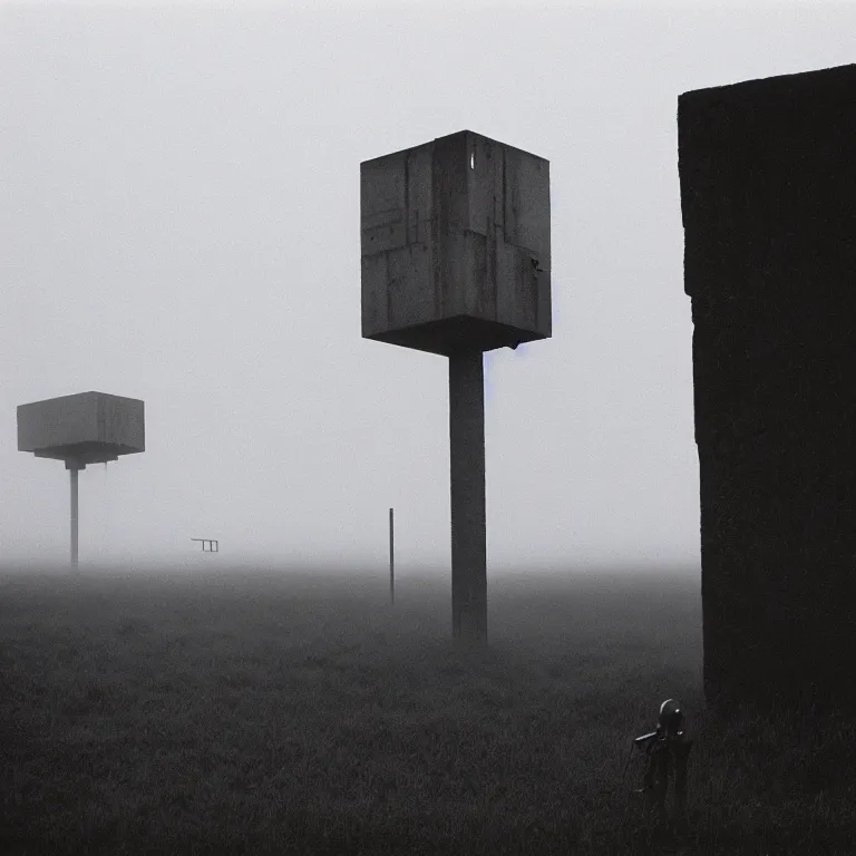 Image similar to a sole angular lanky liminal observer droid, in a brutalist yet rural landscape by simon stalenhag, 3 5 mm film photography, dawn, eerie fog