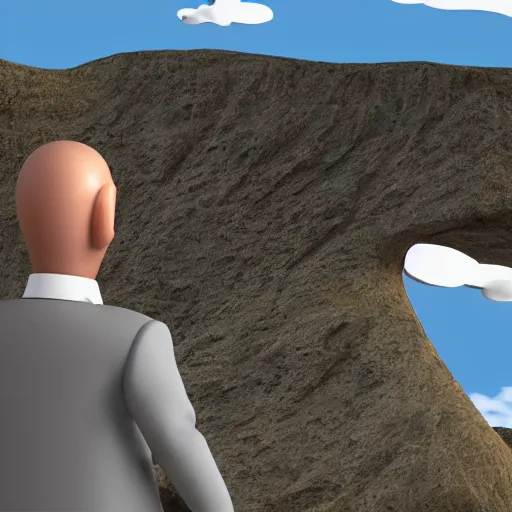 Image similar to sad businessman on empty island, beautiful sky, rendered in bryce3d, bryce, 3d