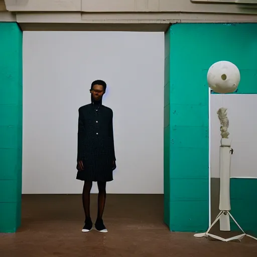 Image similar to realistic photoshooting for a new balenciaga lookbook, color film photography, portrait of a beautiful woman, set design by wes anderson, in style of Tyler Mitchell, 35mm,