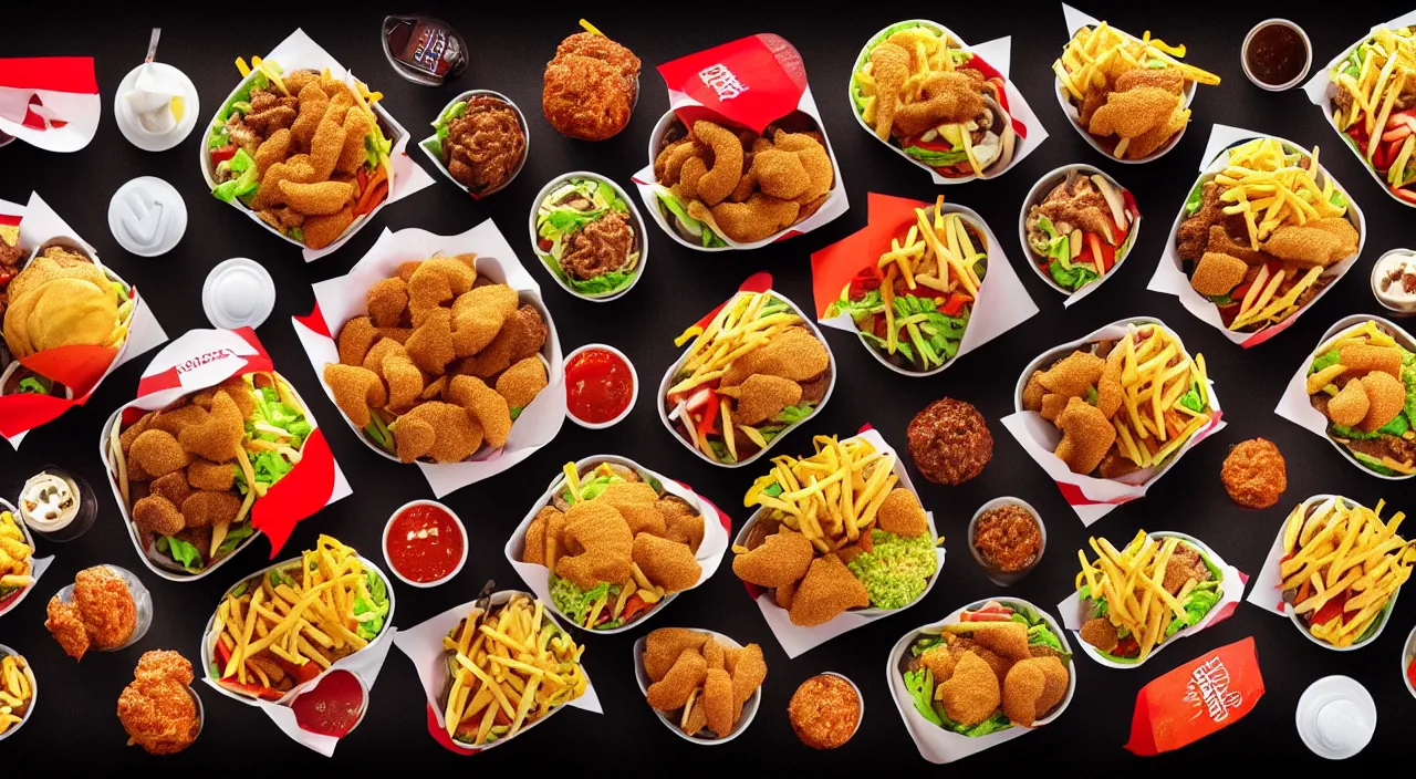 Prompt: high quality photo of mounds of fast food arranged in the shape of the US map cinematic lighting 8k wide angle shallow depth of field