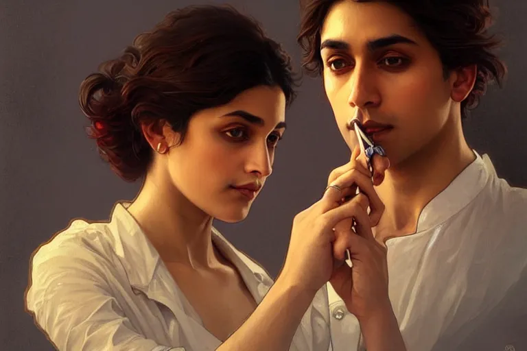 Image similar to Anxious good looking pale young Indian doctors smoking, portrait, elegant, intricate, digital painting, artstation, concept art, smooth, sharp focus, illustration, art by artgerm and greg rutkowski and alphonse mucha