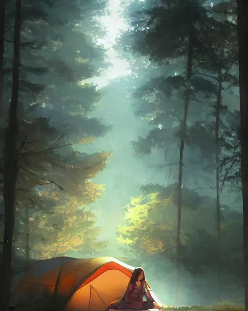 Image similar to A girl camping in the woods, Full shot, Atmospheric lighting, By Makoto Shinkai, Stanley Artgerm Lau, WLOP , Rossdraws, James Jean, Andrei Riabovitchev, Marc Simonetti, krenz cushart, Sakimichan, D&D trending on ArtStation, digital art.