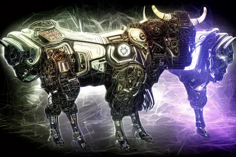 Image similar to a cybertronic bison, leds, high detail, sharp, studio, digital art