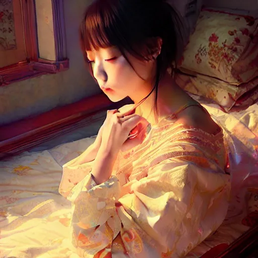 Image similar to beautiful young girl in intricate clothing by ross tran, sleeping in a messy bedroom at night, painted by sana takeda, reflections, very high intricate details, painting by liu xiaodong, digital anime art, medium shot, mid - shot, composition by ilya kuvshinov, backlit, lighting by greg rutkowski