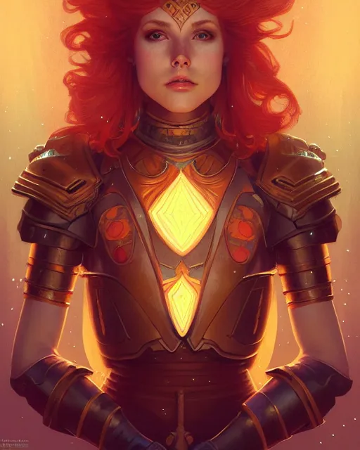 Prompt: symmetry full body of redhead princess, glam, cleric wearing armor plate, fireflies, crypt background, intricate, elegant, highly detailed, digital painting, artstation, concept art, smooth, sharp focus, illustration, art by artgerm and greg rutkowski and fra angelico and alphons mucha