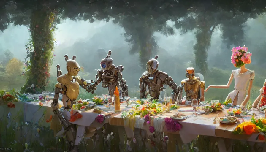 Image similar to a table dinner of humanoid robots where robots are dressed like the characters from the midsommar movie wearing flowers, realistic detailed digital art by maxwell boas jessica rossier christian dimitrov anton fadeev trending on artstation cgsociety rendered in unreal engine 4 k hq