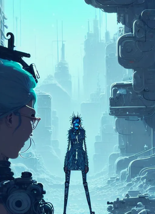 Image similar to highly detailed portrait of wasteland punk long curly white icey shard hair tribal lady, stray wiring by atey ghailan, james gilleard, by joe fenton, by greg rutkowski, by greg tocchini, by kaethe butcher, 4 k resolution, gradient blue, cyan, black and white color scheme!!! ( ( snowy glaciated robotic dystopian city background ) )