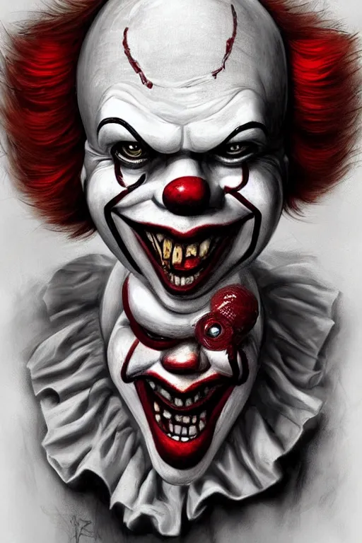 Image similar to surrealism grunge cartoon portrait sketch of Pennywise with a wide smile and a red balloon by - michael karcz, loony toons style, freddy krueger style, horror theme, detailed, elegant, intricate