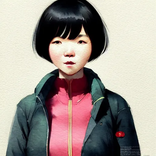 Image similar to character design portrait of a kind chinese grocery woman short black hair, wearing a down jacket, looking at the camera, 4 k, concept art, by wlop, wenjun lin, watercolor, ilya kuvshinov, artgerm, krenz cushart, pixiv.