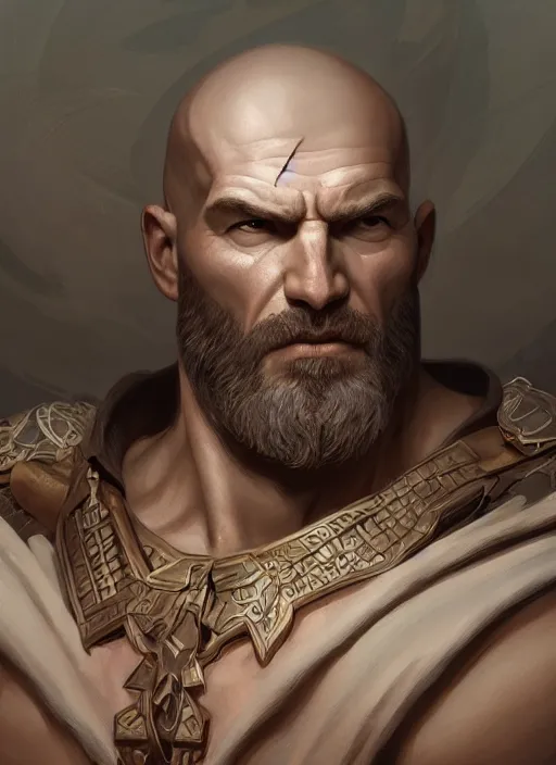 Prompt: portrait of a herculean man with no hair, style of god of war, swarm of sand, intricate, elegant, highly detailed, digital painting, artstation, concept art, smooth, sharp focus, illustration, art by artgerm and greg rutkowski and alphonse mucha, 8 k