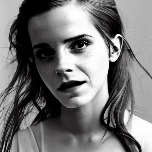 Image similar to Emma Watson closeup face shoulders very long hair hair pouting and grinning Vogue fashion shoot by Peter Lindbergh fashion poses detailed professional studio lighting dramatic shadows professional photograph by Cecil Beaton, Lee Miller, Irving Penn, David Bailey, Corinne Day, Patrick Demarchelier, Nick Knight, Herb Ritts, Mario Testino, Tim Walker, Bruce Weber, Edward Steichen, Albert Watson