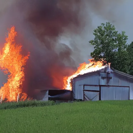 Image similar to a small barn engulfed in flames