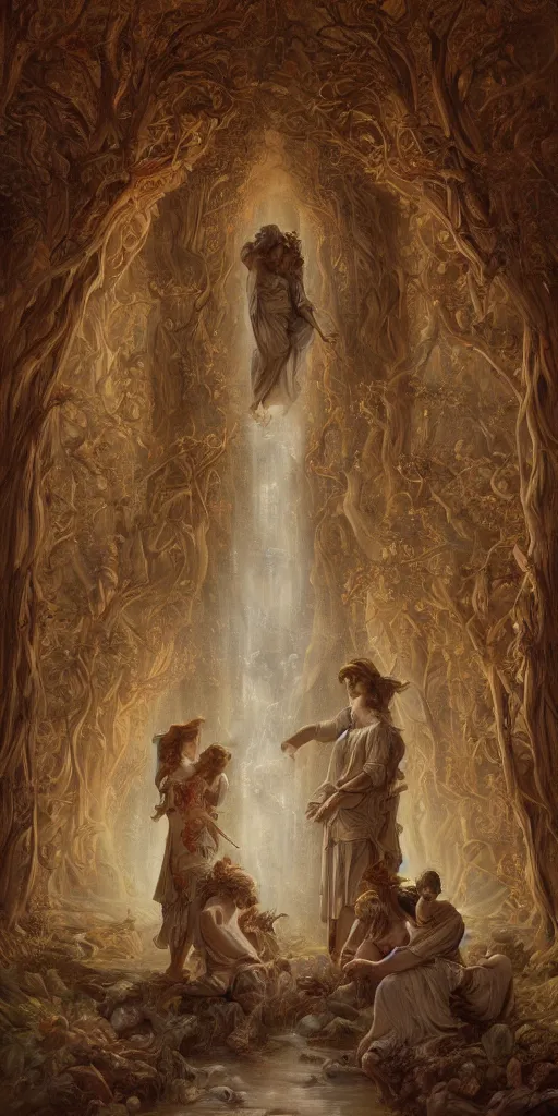 Image similar to a stunning and noble highly detailed romantic period style painting of the place where gods come into being by james jean, josep tapiro baro and harles sillem lidderdale, trending on artstation, oil painting masterpiece, symmetry, rule of thirds, mysterious