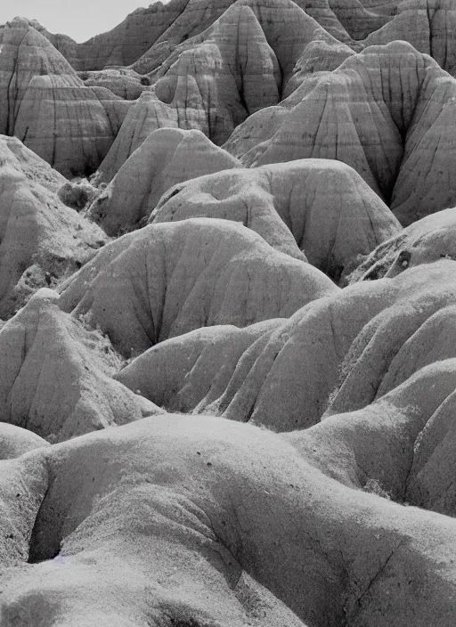 Prompt: Badlands rock formations protruding out of lush desert vegetation, albumen silver print by Timothy H. O'Sullivan.