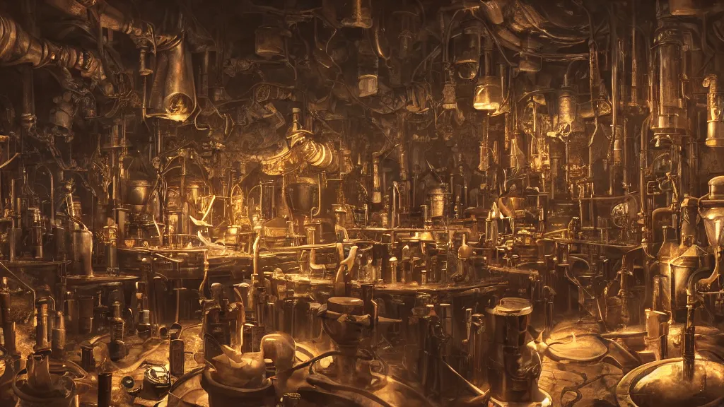 Image similar to dark wizards laboratory, ancient midevil, many tubes connecting many beakers, bronze steril feeling, realistic cinematic lighting, establishing action shot, ultra detailed, hyper realism, photo, octane render, 4k