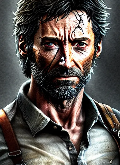 Image similar to hugh jackman as joel from the last of us, character concept art, hyperrealistic, detailed, accurate illustration, dramatic lighting