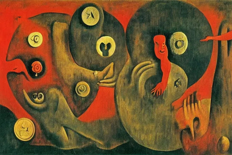 Image similar to inflation, money and supply chain hurting global population, abstract oil painting by leonora carrington, by max ernst
