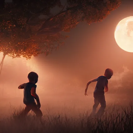 Image similar to two boys are escaping from the horde of zombies, volumetric lighting, moon light, hyperrealistic, beautiful details, HDR, octane render, action shot, wide angle, horror theme, cinematic,