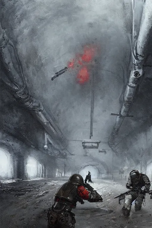 Prompt: Soviet heavy armed liquidator fights against mutant in industrial tunnels by jakub Różalski