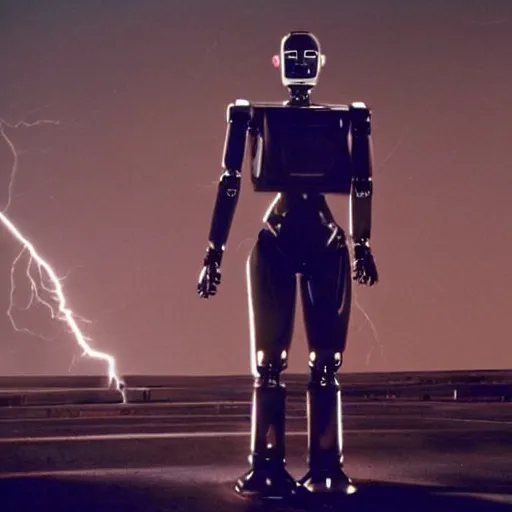 Image similar to movie scene of a man with a robot head, movie still, cinematic composition, cinematic lightning, Movie by David Lynch and Andrzej Żuławski