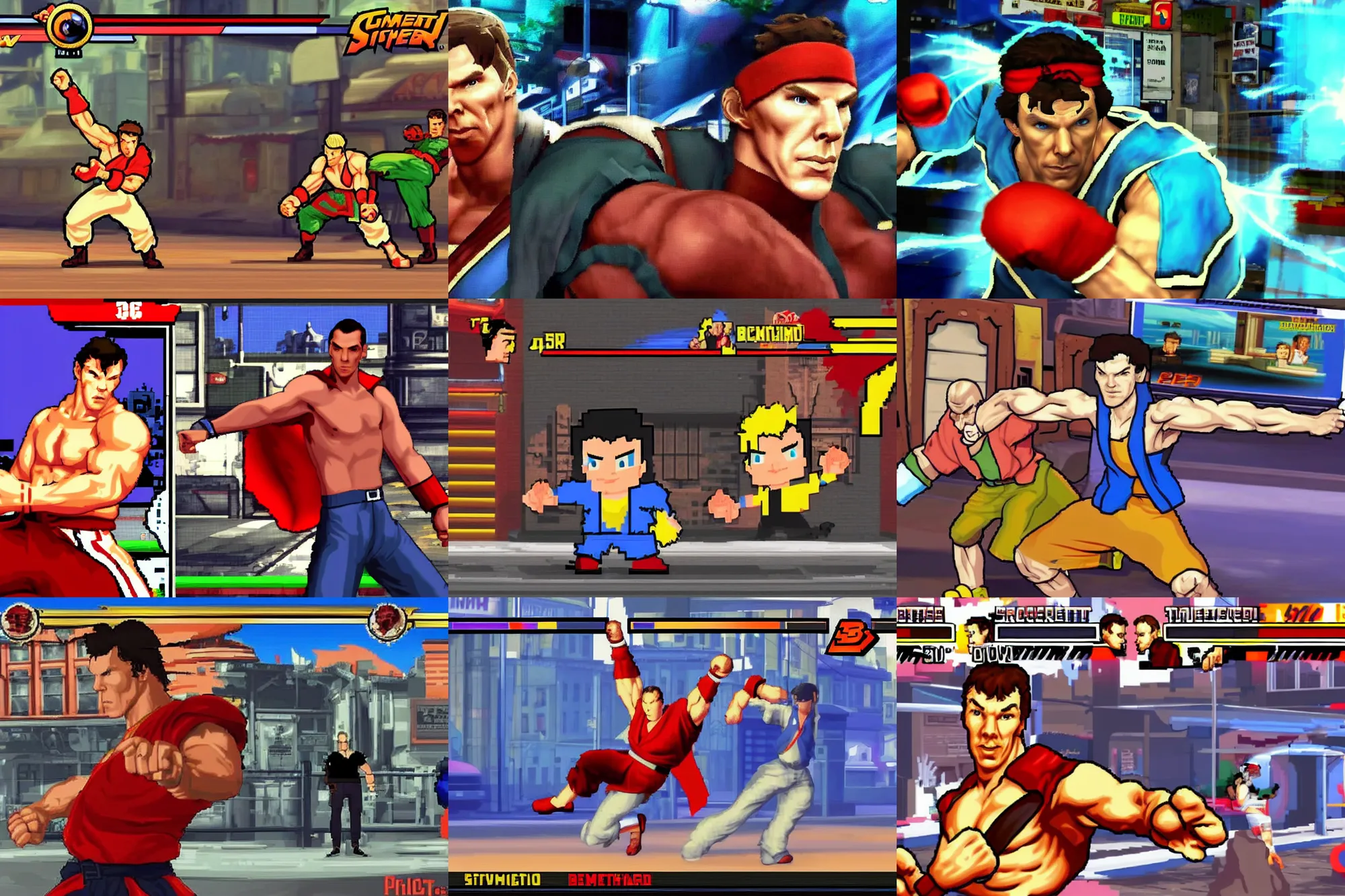 Prompt: a screenshot of benedict cumberbatch in the video game street fighter. pixel art. amazing likeness. very detailed. cartoon caricature.