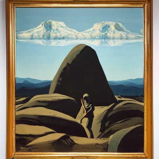 Prompt: a liminal neo rauch and rockwell kent painting titled'rock in the perfect ripple'