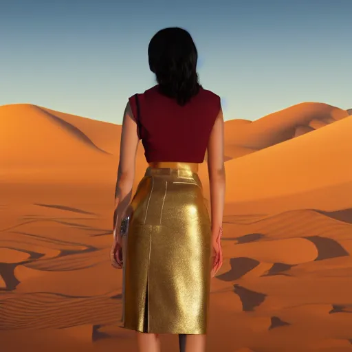 Image similar to innovative avant-garde art, deco fashion, asian women, wearing skirt, highly detailed, photo-realistic portrait, serene desert setting, golden hour, crisp quality and light reflections, unreal engine 5 quality render