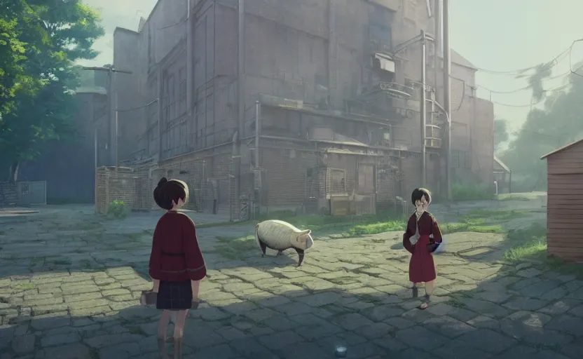 Prompt: a film still The pig factory, medium shot, waist up, studio Ghibli, Pixar and Disney animation, sharp, Rendered in Unreal Engine 5, anime key art by Greg Rutkowski, Bloom, dramatic lighting