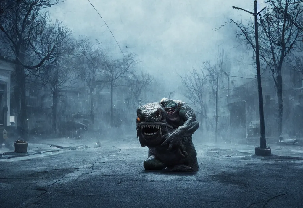 Prompt: vfx film close, monster creature by aaron sims, in residential street, low - key lighting award winning photography arri alexa cinematography, hyper real photorealistic cinematic beautiful, atmospheric