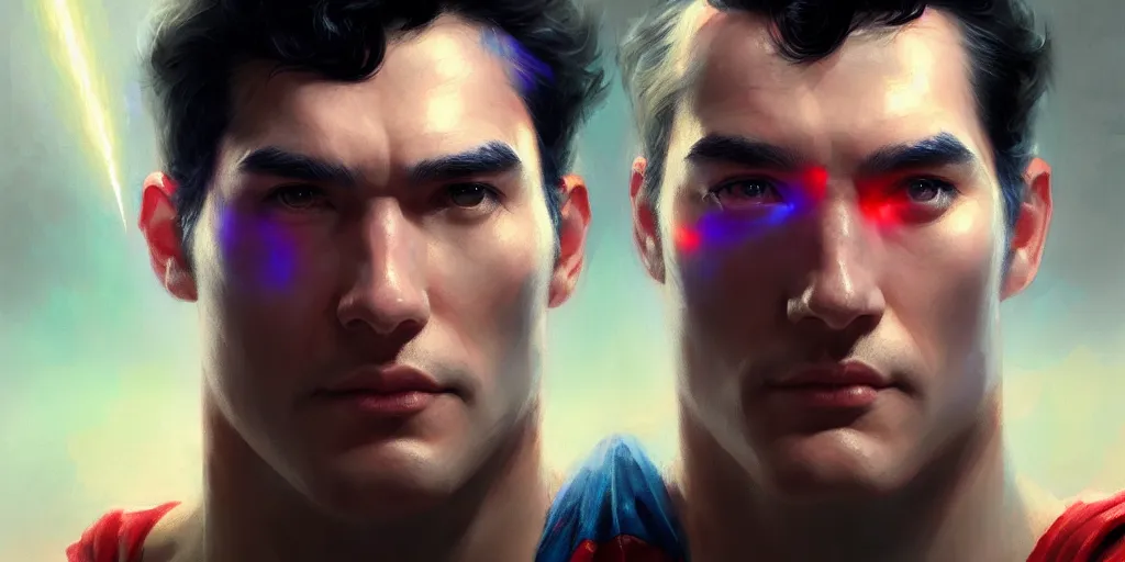 Image similar to facial portrait of superman using his laser eyes, extremely detailed digital painting, in the style of fenghua zhong and ruan jia and jeremy lipking and peter mohrbacher, mystical colors, rim light, beautiful lighting, 8 k, stunning scene, raytracing, octane, trending on artstation