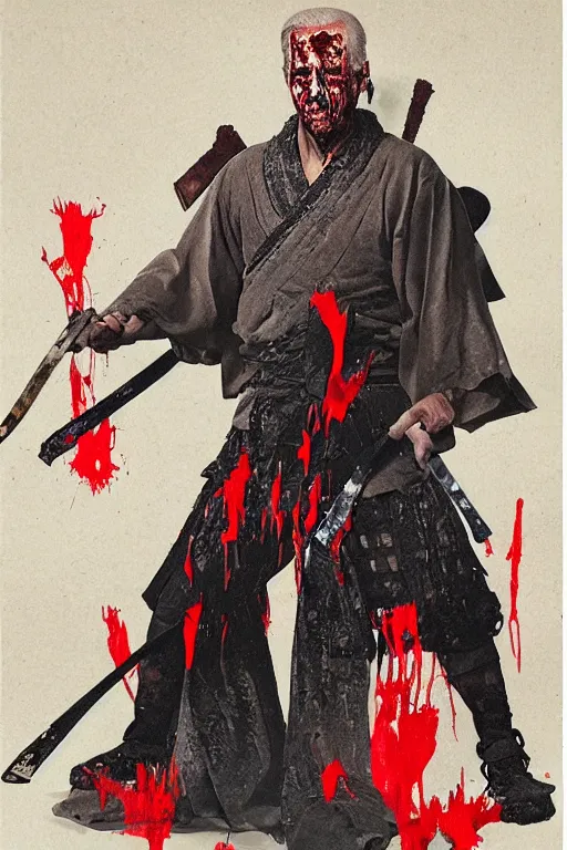 Image similar to Joe Biden with tattered samurai clothes dripping blood holding a katana, dynamic pose, full body portrait, photograph