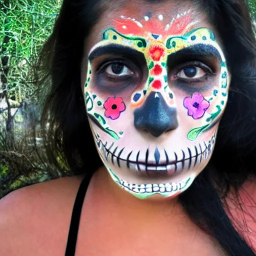 Image similar to an extreme close up photo of a Mexican woman, in her early 20s, wearing dios de Los muertos face paint