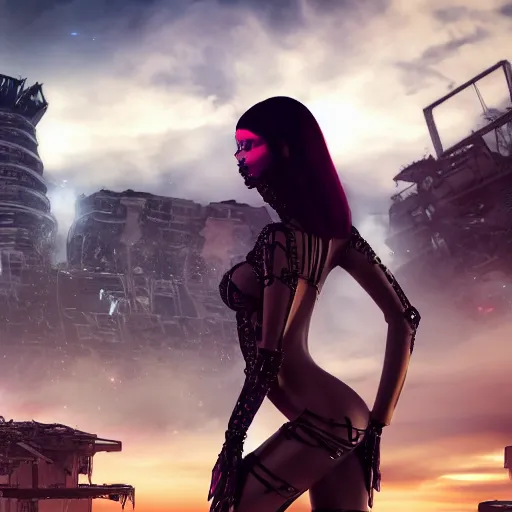 Prompt: Epic cinematic action scene render of a very beautiful dollpunk wearing Abstract tech bodysuit, in front of a ruined city, focus, realistic eyes, symmetric body features proportions, golden ratio, ultra intricate details, award winning, unreal render