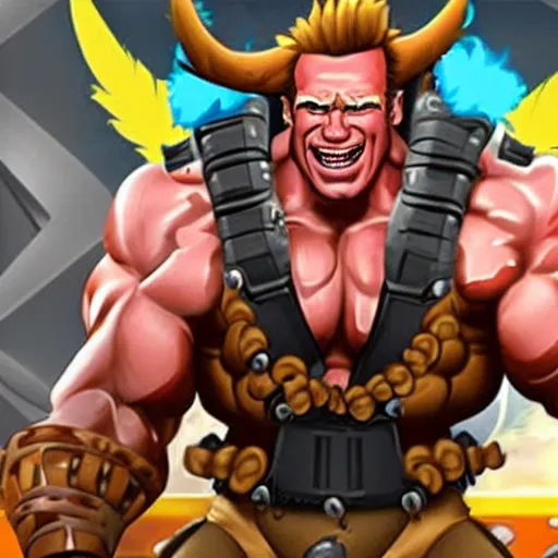 Image similar to a screenshot of arnold schwarzenegger as junkrat in overwatch