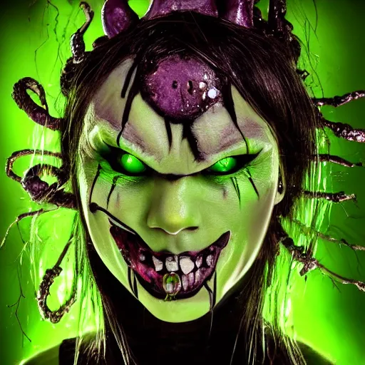 Prompt: a portrait photo of a poison themed character, green glowing cracks on face, poison dripping, gloom, scary face, photorealistic, extremely detailed,