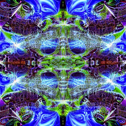 Prompt: Fractal city urban many reflections in the style of Alex Grey