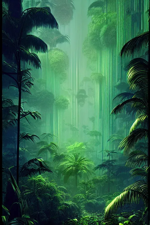 Prompt: a lush jungle arthur haas and bruce pennington and john schoenherr, cinematic matte painting in the style of glitch art, minimal modern pixel sorting, zaha hadid building, photo realism, neon lights, dark moody color palate,