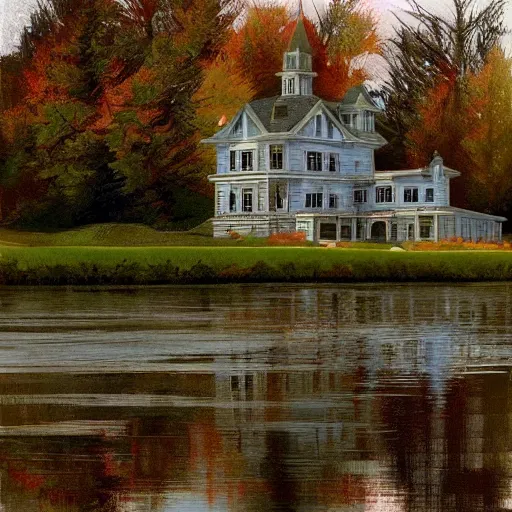 Image similar to Victorian mansion in rural Maine, a lake behind it, Michael Whelan, artstation, Darrell K Sweet, concept art