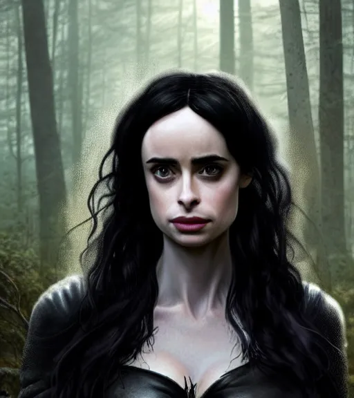 Prompt: 5 5 mm close up portrait photo of krysten ritter as yennefer of vengerberg in black leather armor and long black wavy hair and purple eyes, in a forest. magical atmosphere. art by greg rutkowski. lifelike. very detailed 8 k. intricate. soft light. nikon d 8 5 0.