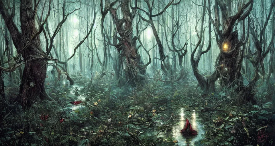 Prompt: A dense and dark enchanted forest with a swamp, by Karol Bak