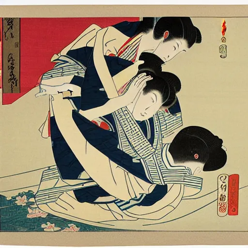 Image similar to japanese woodblock print by utamaro and hokusai,