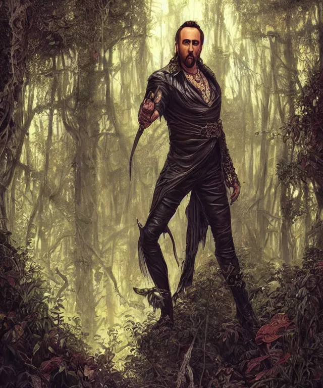 Image similar to epic full body portrait of Nicolas Cage fantasy, intricate, elegant, highly detailed, nicolas cage, nic cage, nicolas cage, digital painting, artstation, concept art, smooth, sharp focus, illustration, deep forest on background, art by artgerm and greg rutkowski and alphonse mucha,