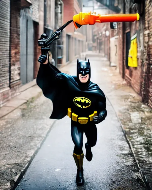 Image similar to happy batman firing super soaker water gun in an alleyway, everyone having fun, toy product advertisement, photography