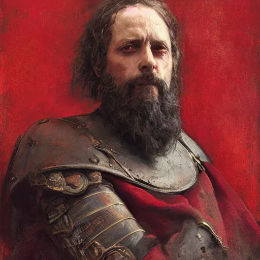 Image similar to Solomon Joseph Solomon and Richard Schmid and Jeremy Lipking victorian genre painting portrait painting of a old rugged movie actor medieval knight character in fantasy costume, red background