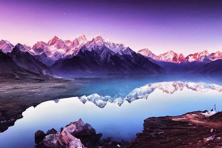 Image similar to beautiful nighttime landscape photography of the Himalayan Mountains with a crystal blue lake, serene, dramatic lighting.