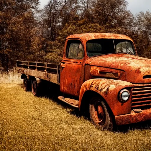 Image similar to Rusty truck, open field, 8k, photography