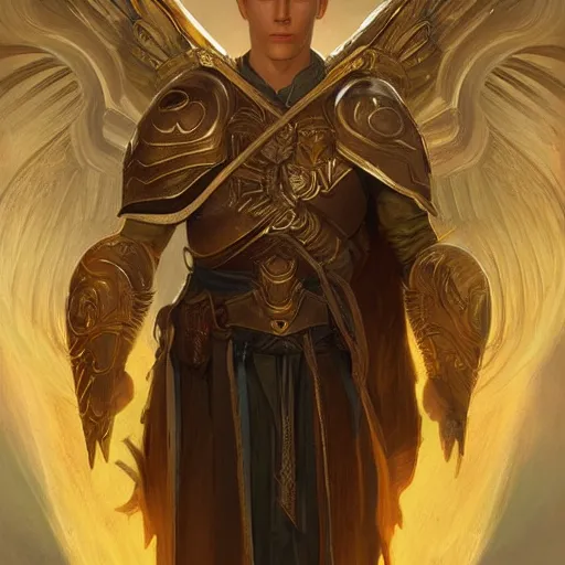 Image similar to portrait of a floating winged aasimar paladin blond young man with amber eyes strong, sofisticated, fantasy, highly detailed, digital painting, artstation, concept art, character art, art by greg rutkowski and tyler jacobson and alphonse mucha