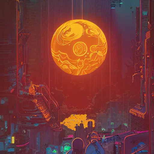 Image similar to Stunningly intricate illustration of single cyberpunk explorer overlooking lush forest, highly detailed, midnight, small glowing orbs by Josan Gonzalez and James Gilleard , Moebius, Laurie Greasley