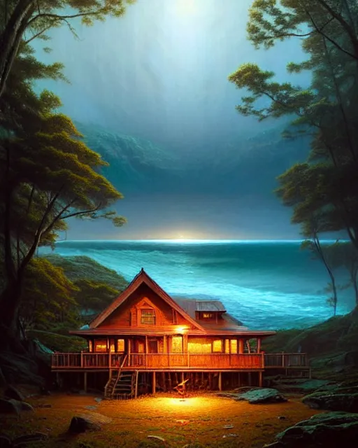 Prompt: a hyper - detailed 3 d render like an oil painting of cabin dreaming of the ocean!!!!! surreal concept art, lifelike, photorealistic, digital painting, aesthetic, smooth, sharp focus, artstation hd, by greg rutkowski, bruce pennington, valentina remenar, rhads, asher duran,