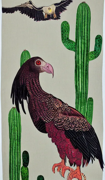 Prompt: turkey vulture on cactus by Shen Quan , hanging scroll, ink and colours on silk